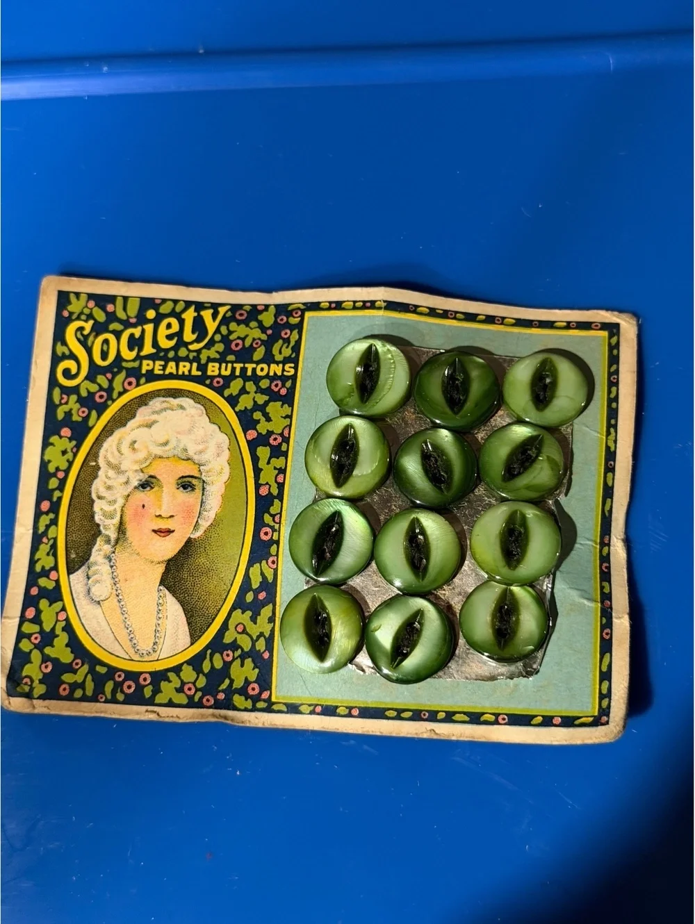 Vintage Society Pearl Buttons Card with Green and Black Cat-